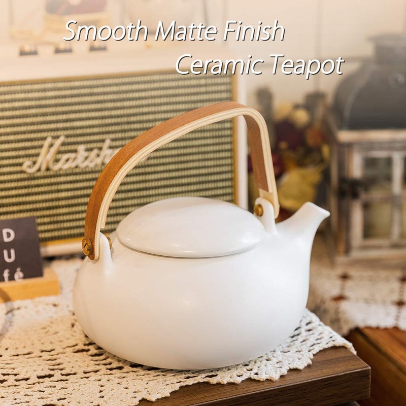ZENS Teapot with Infuser, Ceramic Japanese 2cup Teapot for Loose Leaf Tea, 800ml Small Matte White Porcelain Tea Pot Gift with Modern Bentwood Handle - Image 2